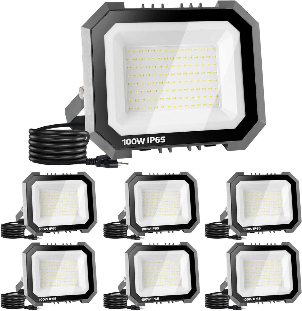 6 Pack LED Flood Lights Outdoor, 100W 10000LM Super Bright Floodlight Outside Work Light with 5.9FT Plug, IP65 Waterproof 6000K Outdoor LED Flood Light for Garage, Yard, Lawn, Garden