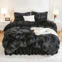 Andency Faux Fur Tie-Dyed Black Grey Comforter for Queen Size Bed, 3 Pieces Fluffy Fuzzy Plush Bedding Set (1 Shaggy Velvet Comforter & 2 Pillowcases), Soft Puffy Down Bedding Set (Queen (90"x90"))
