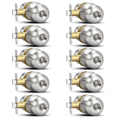 Plustool 10 Pack Brushed Nickel Door Knobs,Privacy Door Knob with Lock, Interior Doorknobs Silver, Keyless Door Locks Set for Bedrooms Bathrooms, Reversible for Left/Right Door Handle