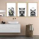 Funny Bathroom Adorable Raccoon Wall Art Decor 16x11 Inch Set Of 3 Laundry Animal Prints Wooden Framed Signs Rustic Washroom Interesting Modren Artwork Wall Hanging Deoration (Wood)