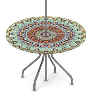 Coloful Boho Round Outdoor Tablecloths with Umbrella Hole Mandala Circle Fitted Table Cloth with Elastic Zippered Tablecloth 45"-56" Waterproof Umbrella Table Cloth Round Elastic Table Cover for Patio
