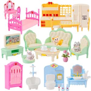 46Pcs Dollhouse Furniture Accessories Set Mini House Furniture Small Dollhouse Miniature Furniture Pretend Play House 1:12 Kitchen Bedroom Livingroom Bathroom Tiny Toy Boy Girl Kid Toddler (C Set)