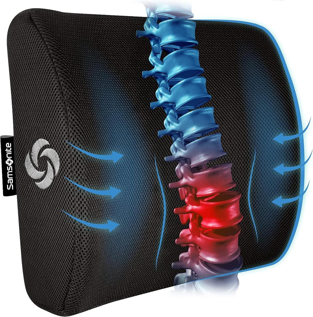SAMSONITE Lumbar Support Pillow For Office Chair and Car Seat, Perfectly Balanced Memory Foam , Versatile Use Lower Back Cushion (3d Mesh Lumbar Support / Black)