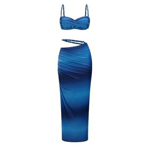 Women's Two Piece Skirt Sets Summer Beach Sexy Ruched Backless Cami Top and Cut Out Skirt Night Out Dress Blue, XL