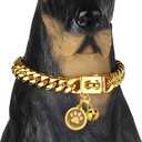 iDofas Dog Chain Collars Cuban Link Dog Collar Design Buckle with Bell & Dog Tag Stainless Steel Metal 10mm Gold Silver Dog Collar for Dogs (18")
