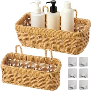 2 PCS Wall Hanging Baskets, Woven Storage Organizer Set, Rattan Style Shelf with Adhesive Hooks, Metal Frame Basket, Bohemian Decor Holder for Bathroom Kitchen Living Room