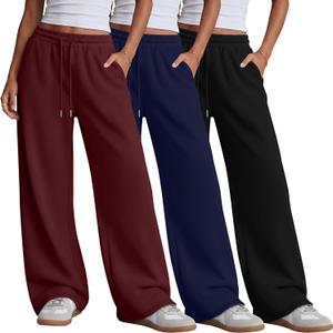 Neer 3 Pack Women's Wide Leg Sweatpants Yoga Baggy Lounge Pants Travel Cozy Workout Drawstring Loose Joggers with Pockets Black, Dark Blue, Wine Red Small