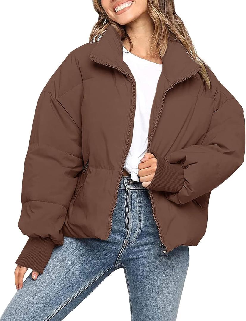MEROKEETY Women's 2025 Winter Long Sleeve Zip Puffer Jacket Pockets Baggy Short Coats (Coffee)