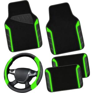 CAR PASS Leather Steering Wheel Cover and Waterproof Car Floor Mats,Microfiber Universal Car Combo Fit for 95% Sedan,SUV,Cars,14.5-15inch Sporty Anti-Slip Comfortable Design(BlackFluorescence Green)