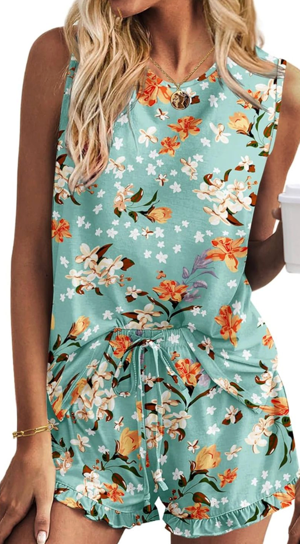 Ekouaer Womens Pajama Set Print Sleepwear Tank Tops and Ruffled Shorts with Pockets Soft Loungewear Sets Outfits (X-Large, Flower Green)