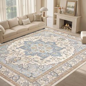 ESEOE Washable 9x12 Area Rugs: Soft Large Vintage Area Rug Non-Slip Stain Resistant Indoor Carpet for Living Room Bedroom Dining Room Office(Beige/Blue,9'x12'