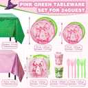 Hushee 170 Pcs Pink and Green Witch Party Decorations Witch Birthday Party Supplies Including Plates Tablecloth Cups Napkins Knives Forks Spoons for Birthday Favors, Serve 24 Guests(Bow)