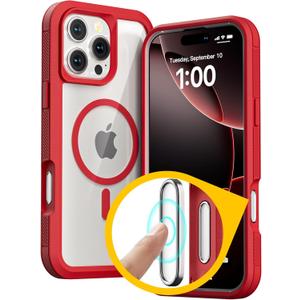 Follaroma for iPhone 16 Pro Case with Camera Control Capture Button, Compatible with MagSafe, Heavy Duty Shockproof Protection Phone Case, Anti-Drop, Transparent Magnetic Phone Cover, 6.3'', Red