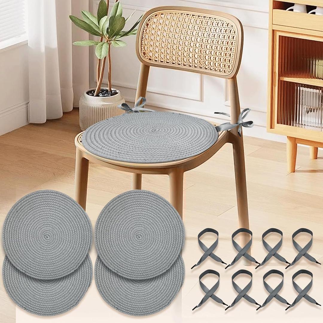 Boho Round Woven Chair Cushions Set of 4  15 Inch Cotton Rope Seat Pads with Ties, Reversible Floor Pillows for Dining Chairs, Meditation, Reading Nook, Farmhouse or Classroom Decor (Grey)