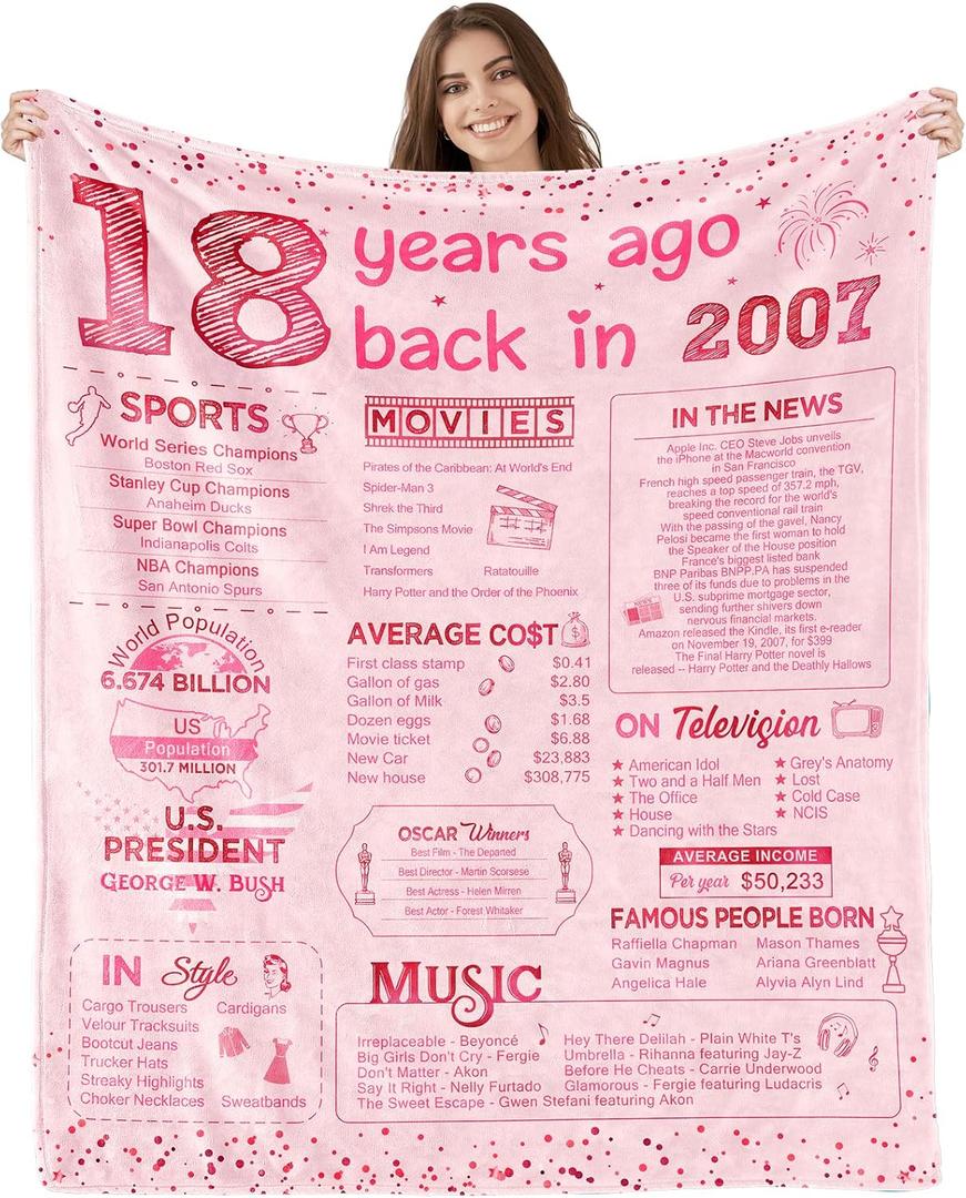 18th Birthday Gifts for Girls Happy 18th Birthday Decorations for 18 Year Old Girl Birthday Gift Ideas for Daughter Sister Bestie Soft Throw Blanket Back in 2007-60x50 Inch - Pink