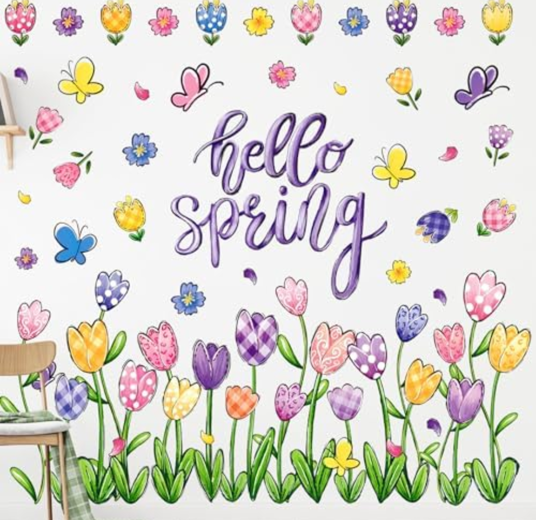 FYSUIMU 9 Sheets Hello Spring Wall Decals Colorful Tulip Floral Butterfly Wall Stickers Oil Painting Flower Mural Wall Decor for Home Nursery Living Room Bedroom 2 Pack
