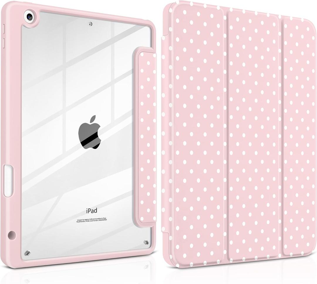 for iPad 9th 8th 7th Generation 10.2 Inch 2021 2020 2019 Case -[Built-in Pencil Holder], Shockproof Clear Hard Back, Slim Trifold Stand, Auto Wake/Sleep, for Girls teen Women, Pink white dot
