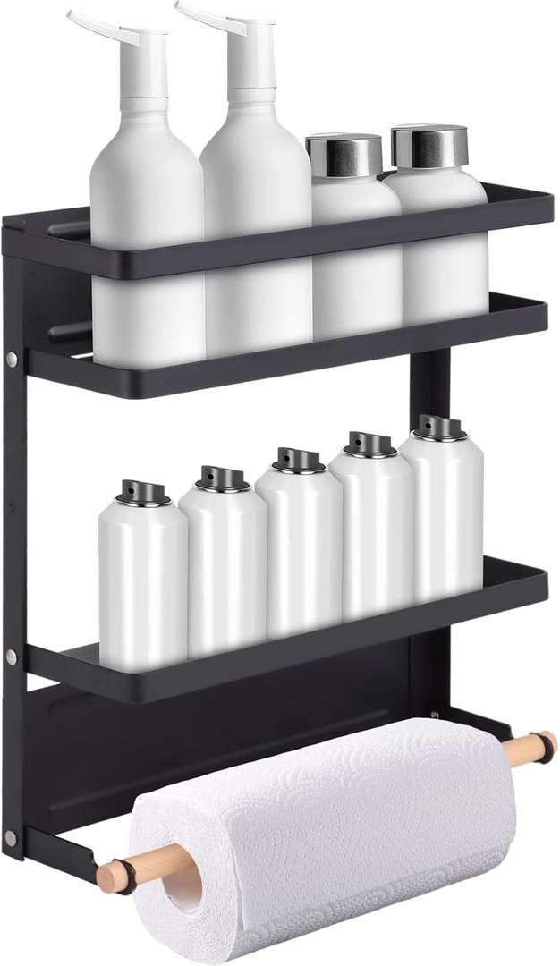 Paper Towel Holder with Shelf, Magnetic Shelf Bracket Rack, Heavy Duty Rustic Paper Towel Holder with 2 Removable Hooks, Metal Tissue Holder for Tool Shed, Garage, Kitchen