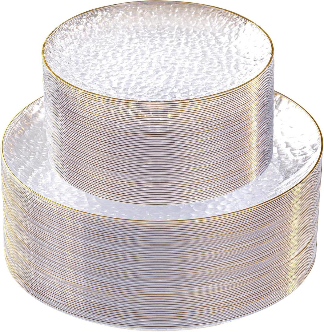SUT 100Pcs Clear Plastic Plates, Hammered Plates Disposable Heavy Duty, Clear Disposable Plates With Gold Rim, Fancy Plastic plates Include 50 Dinner plate and 50 Dessert plate for Wedding