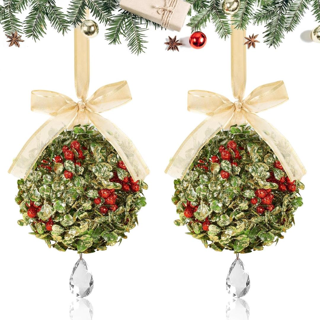 2 PCS Christmas Mistletoe Decoration Artificial Mistletoe Hanging Crystal Ornament Kissing Ball with Berry Bow for Doorway Home Xmas Tree Friendship Holiday Party Arch Ceiling Decor (Gold)