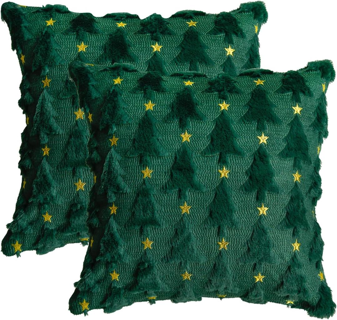 AVOIN colorlife Christmas Tree Star Green Throw Pillow Cover Set of 2, 16 x 16 Inch Soft Plush Faux Fur Jacquard Festivals Winter Cushion Case Decoration for Sofa Couch
