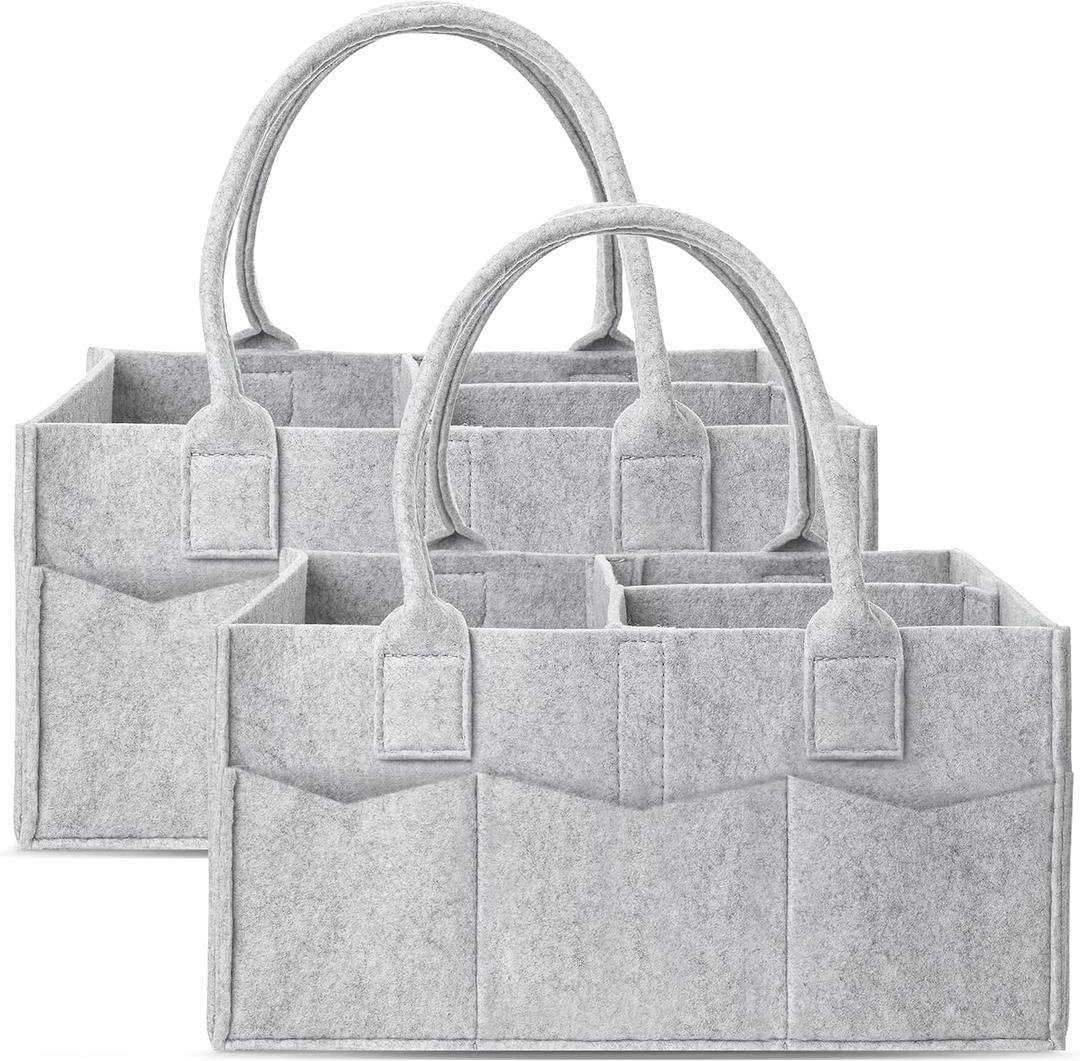 Cute Castle 2 Pack Diaper Caddy Organizer - Portable Baby Caddy Organizer with Handle, Nursery Storage Bin and Car Organizer for Girls, Boys - Baby Gift Basket - Grey (Regular)