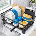 Urackify Compact Dish Drainer for Kitchen Counter - Expandable Large Capacity Drying Rack with Removable Cutlery Holder, Anti-Rust Plate Rack, Non-Slip Feet (Black)