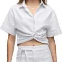 HUDSON Women's Knot Front Button Down Short Sleeve Shirt, Small