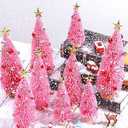 Vertintong 9 Pack Mini Christmas Trees with Ornaments Artificial Christmas Tree Decoration Xmas Bottle Brush Tree with Wood Base for Winter Snow Miniature ScenesTabletop Craft Home Decor (Pink)