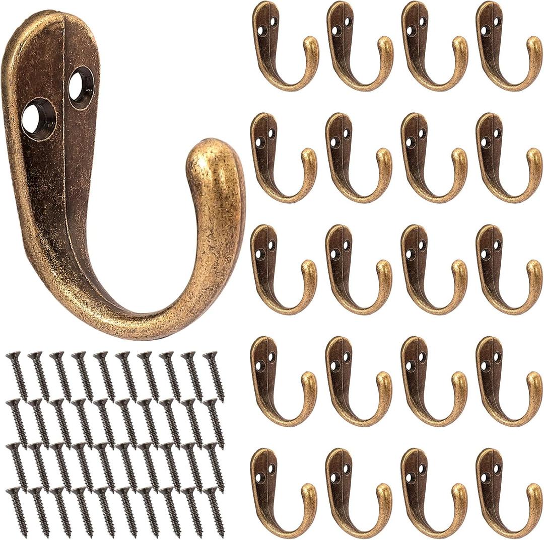 JEFHOMKIT 20 PCS Coat Hooks Wall Mounted,Single Prong Robe Hook,Hanger Hook Towel Hooks with 40 Pieces Screws,Heavy Duty Metal Wall Hooks for Hanging Coat,Towel,Key,Scarf,Hat,Bags (Antique Brass)