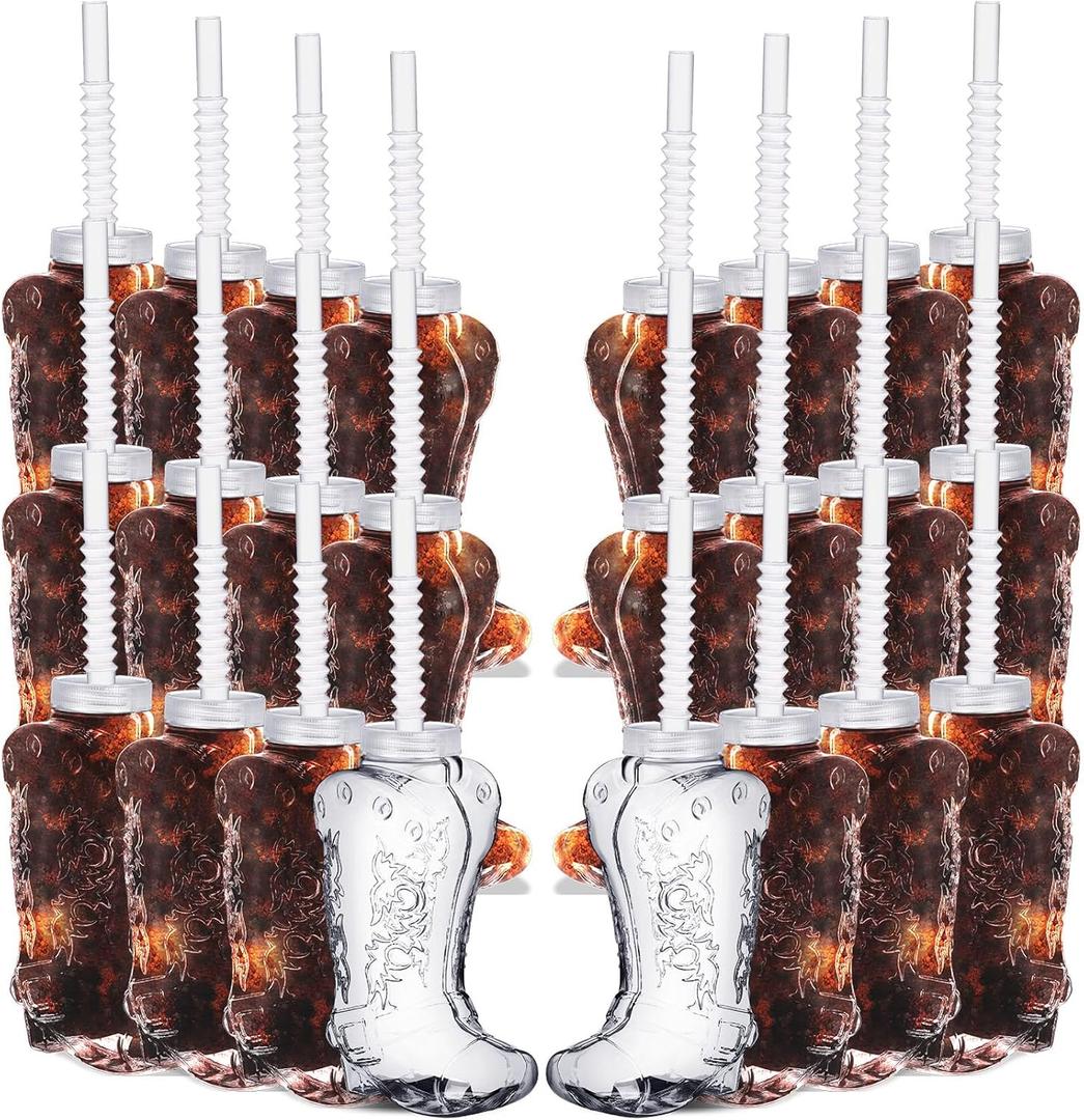 Hoolerry 24 Pcs 17 oz Plastic Cowboy Boot Cups Cowgirl Mugs with Straws and Lids Reusable Cowboy Cups for Baby Shower Rodeo Themed Birthday Party Decorations Supplies Western Accessories