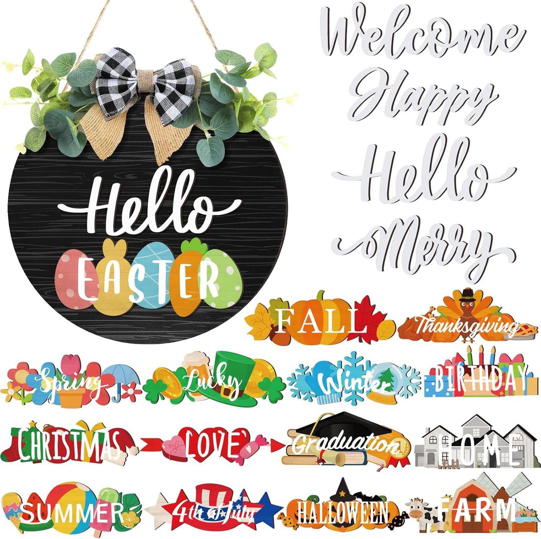 20 Pieces Interchangeable Welcome Sign for All Seasons Seasonal Front Door Decor with 4 Pcs Sign and 15 Pcs Changeable Icons Farmhouse Front Porch Rustic Holiday Wooden Door Decor(Black)