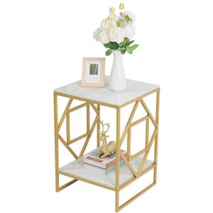 Wisfor Sintered Stone End Table: 2 Tier Square White Small Coffee Table with Gold Frame - Modern Sofa Storage Side Table - Bedside Nightstand for Living Room Bedroom