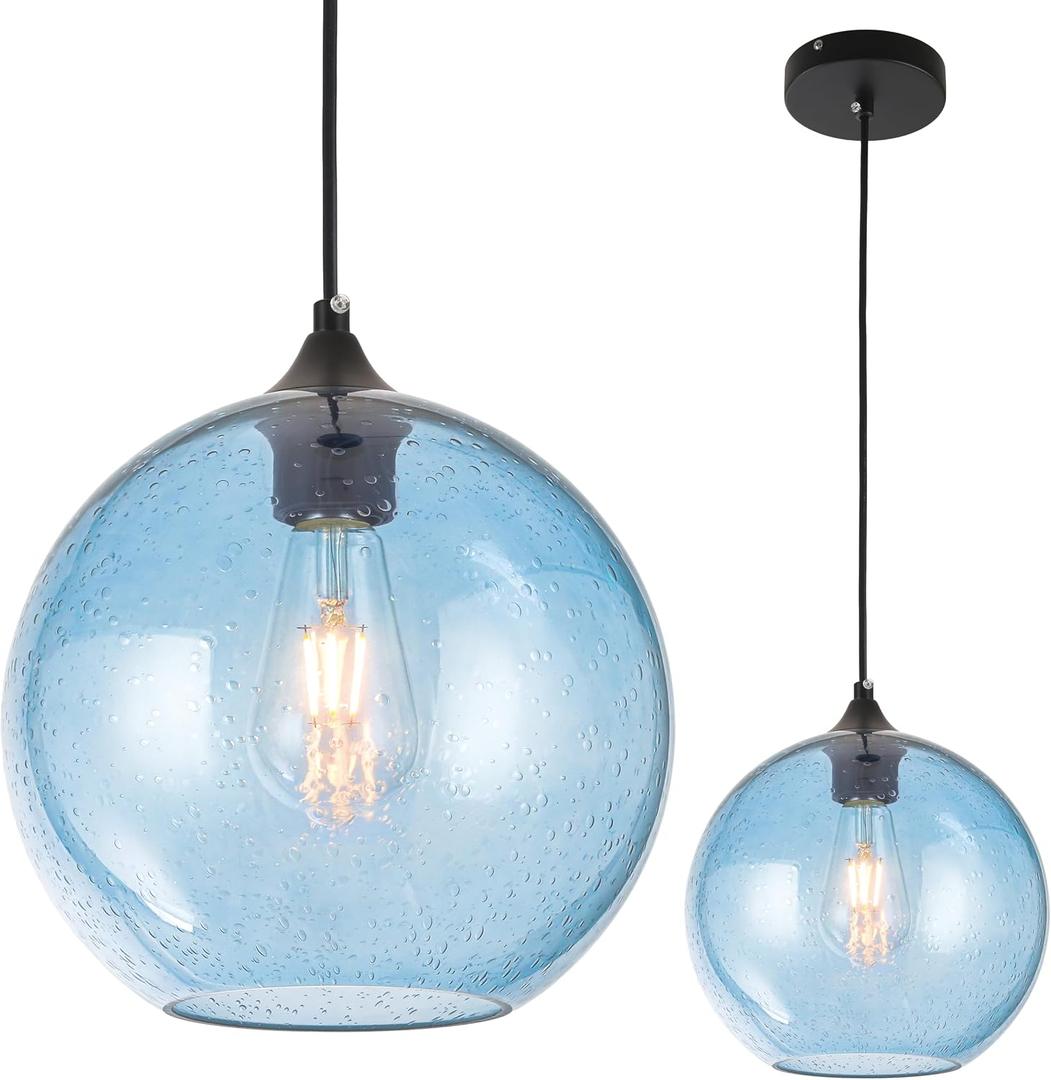 Blue Glass Pendant Lights Kitchen Island Lighting Globe Pendant Light Fixtures Modern Pendant Lighting for Kitchen Island Bedroom Living Dining Room Light Fixture,7.8inch