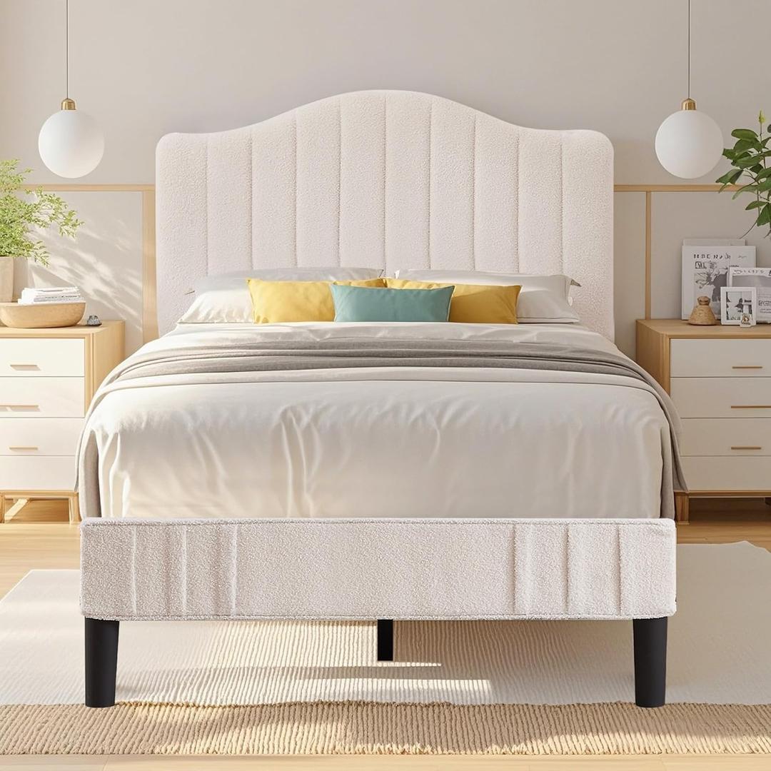 VECELO Twin Bed Frame Upholstered Platform Bed Frame with Height Adjustable Teddy Fabric Headboard, Strong Wood Slats Supports 7.9'' Under Bed Space Noise Free No Box Spring Needed, Cream
