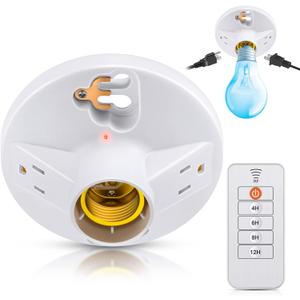 1 Pack Upgraded Remote Control Plastic Light Fixture with 2 Grounded Outlet and Timer Function, 125V 660W Light Bulb Fixture Socket Outlet, Ceiling Lampholder for Garage, Basement, Closet