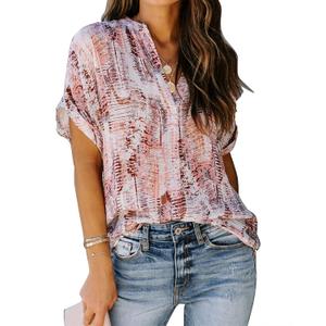 ANCAPELION Womens Summer Chiffon Blouse Casual Short Sleeve V Neck Shirt Loose Printed Cuffed Sleeve Tunic Tops for Women (Medium, Light Pink Printed)