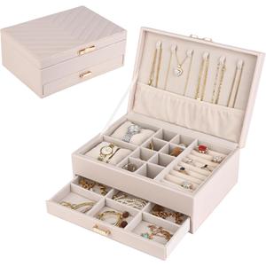 HofferRuffer Jewelry Box with Drawer for Women Girls, Faux Leather Storage Jewelry Organizer Jewelry Case with Two Layers Display for Earrings Rings Necklaces (White)