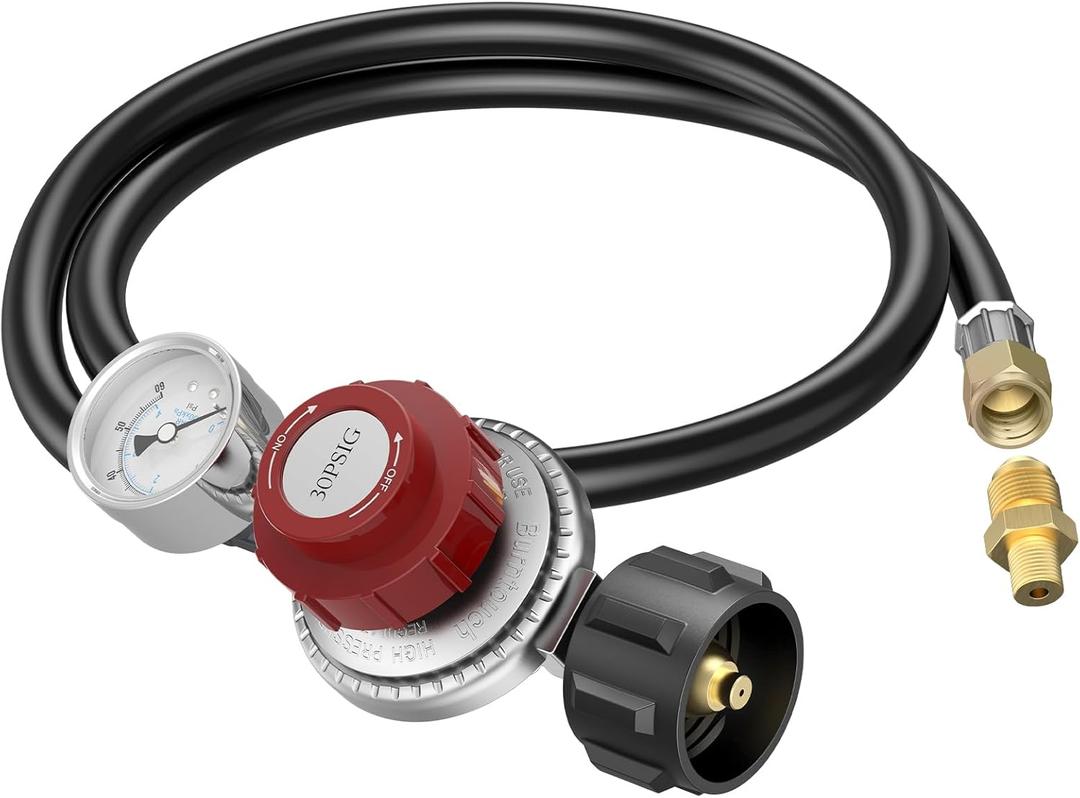 Kohree Upgrade 4FT Adjustable Propane Regulator with Hose High Pressure, Stanless Steel 0-30 & 0-60 PSI Gauges &  Flare Fitting for Fire Pit, Fryers, Burners, Heaters, QCC1 Tank, BBQ Grill, Stoves