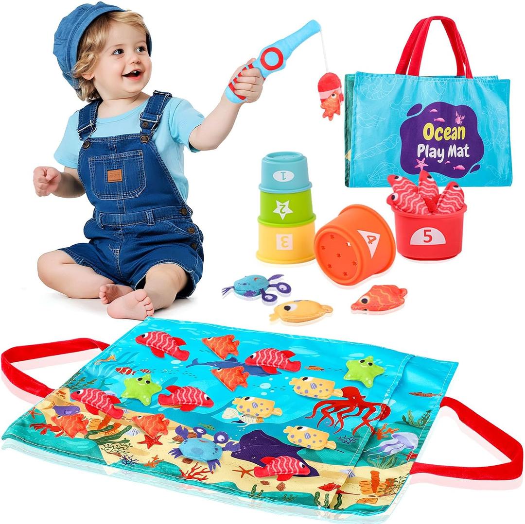 Montessori Toy for 1 Year Old Baby Birthday Gift, 22 PCS Toys Fishing Game Set with Stacking Cup - Number Counting, Color and Shape Sorter Learning for Toddler 1-3 Year Old Boy Girl