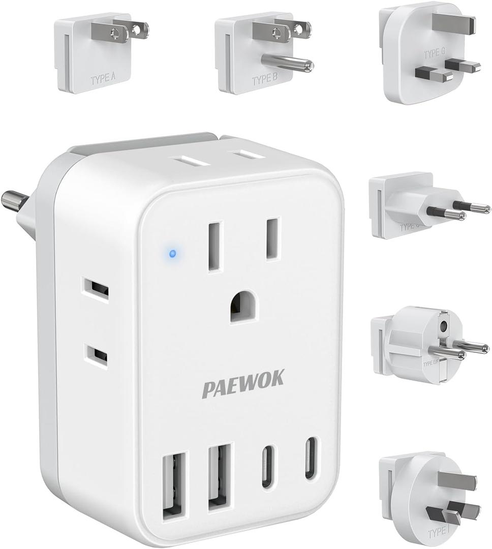 International Power Adapter Set, US to EU/UK/AUS/Japan Universal Travel Adapter- 4 AC Outlets 4 USB Ports (2 USB C), Worldwide Travel Plug Adapter Kit Include Type F/G/I/C/B/A Detachable Charger Plug