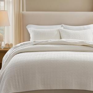EverGrace Stonewashed 100% Natural Cotton Waffle Quilt Set King Size 3 Pieces, Durable, Textured & Substantial Bedding, Quilted Coverlet Bedspread with 2 Shams for All Seasons, Bright White | Waffle Weave, 100% Cotton, Stonewashed, Box Stitch Design, Oeko-Tex Certified, Lightweight (King/Cal King (108" x 96"))