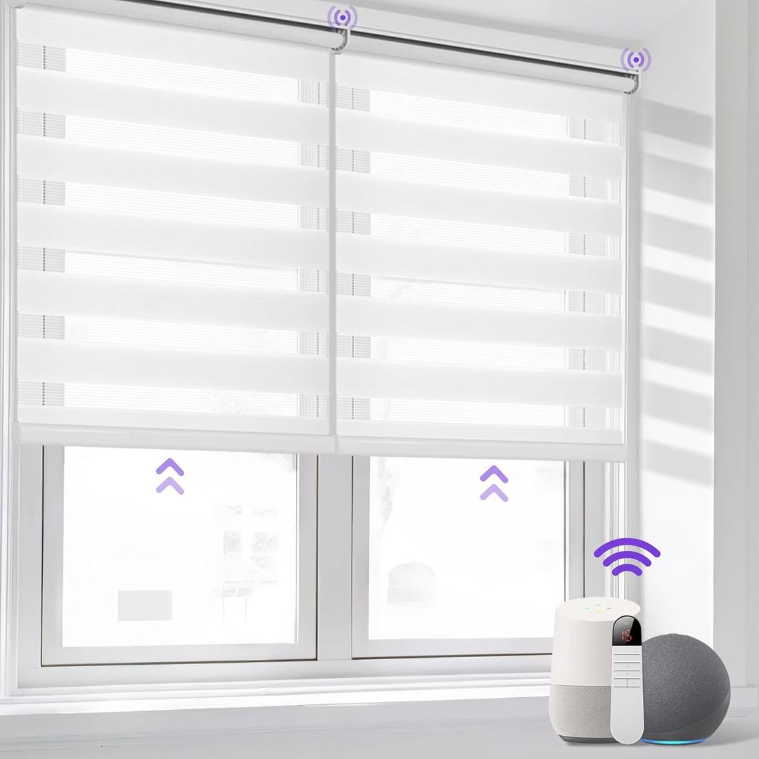 Allesin Motorized Zebra Blinds for Window with Remote, Compatible with Alexa, Smart Dual Layer Shades, Smart Zebra Roller Shades Light Filtering Dry Battery Motor, for Home Office(White, H72 x W29) (29"W x 72"H)