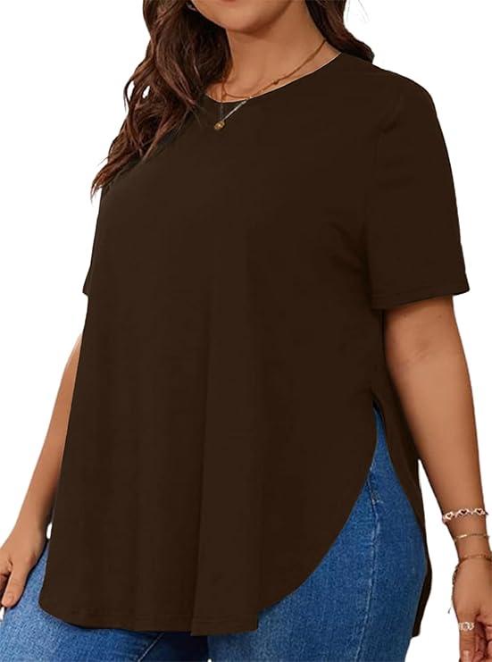 Hilinker Women's Plus Size Short Sleeve Tunic Tops Loose Fit Dressy Side Slit Tees Asymmetrical Hem T Shirts Black 3X-Large, Brown