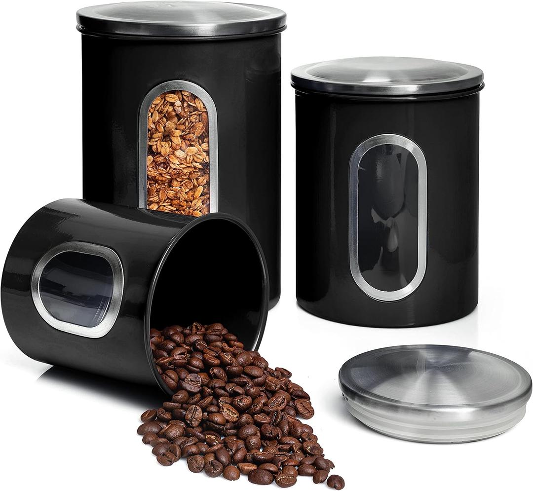 Mixpresso 3 Piece Black Canisters Sets For The Kitchen, Jars With See Window, Airtight Coffee Container Tea Organizer & Sugar Canister, Kitchen Canisters Set of 3 Black Kitchen Decor