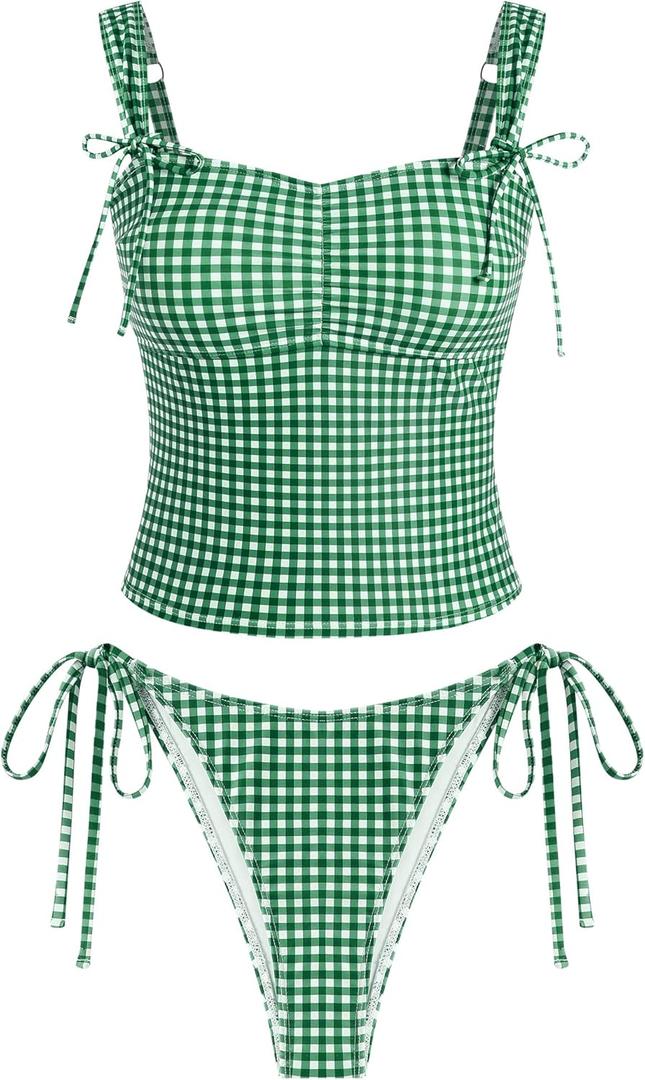 ZAFUL Women's Gingham Ruched Bowknot Decor Cinched Back Tankini Set Tummy Control 2 Piece Bikini Swimsuits (Medium, 1-green)