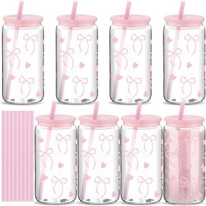 8 Pcs Coquette Pink Bow Plastic Cups with Lids and Straws 16 oz Acrylic Mason Jars Aesthetic Reusable Bottles Bow Iced Coffee Mug Beer Glass Tumbler for Birthday Coquette Party Women Friend