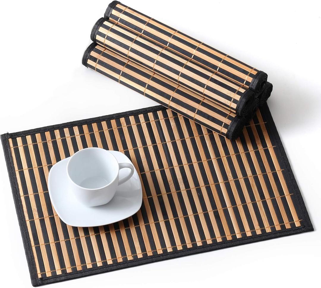 LOVECASA Placemats Set of 6, Bamboo Table Mats Set with Leaf Pattern, 18''  12'' Woven Placemat, Washable Heat-Resistant Place Mats for Kitchen, Black Leaf