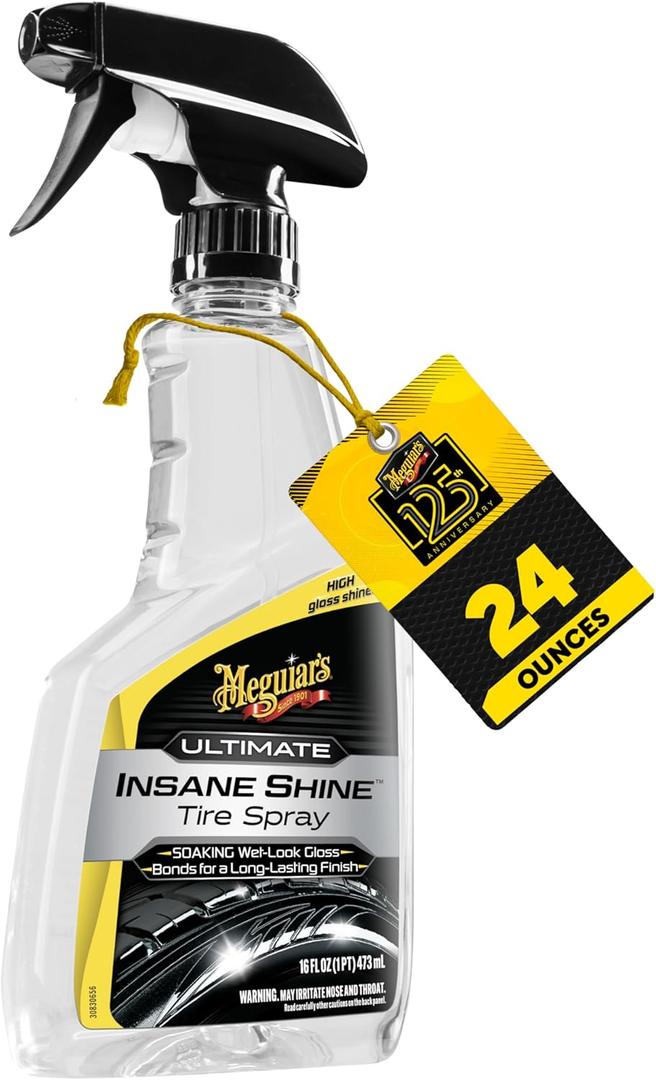 3 x Meguiar's Ultimate Insane Shine Tire Spray - Premium Tire Dressing that Delivers a Lasting High Gloss Wet Look and is Easy to Use; Advanced Tire Shine that Bonds for a Long-Lasting Finish, 16 Oz Spray