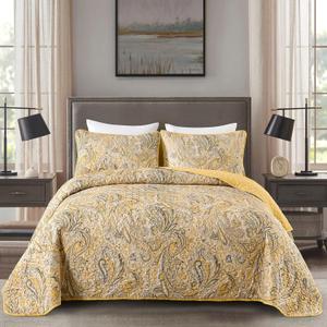 DJY Yellow Paisley Quilt Set King Size Boho Quilt Bedspread Set 3 Pieces, Soft Lightweight Paisley Floral Pattern Coverlet Bedding Set for All Season, 110''x90''